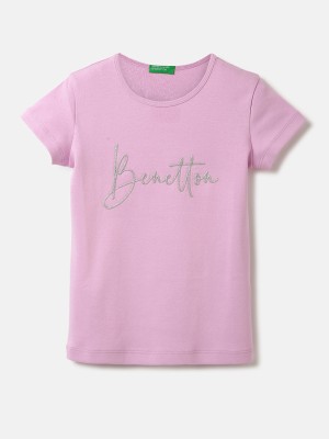 United Colors of Benetton Girls Embroidered Pure Cotton T Shirt(Pink, Pack of 1)
