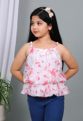 classycreation Girls Party Chiffon Layered Top(White, Pink, Pack of 1)