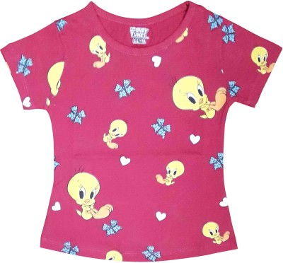 ETEENZ Girls Printed Cotton Blend T Shirt(Pink, Pack of 1)