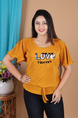 SUMITA CREATION Girls Party Cotton Blend A-line Top(Yellow, Pack of 1)