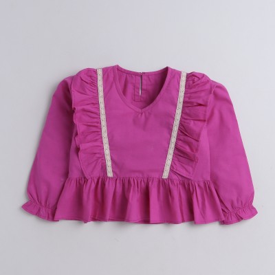 Aww Hunnie Girls Casual Cotton Blend Ruffled Top(Purple, Pack of 1)