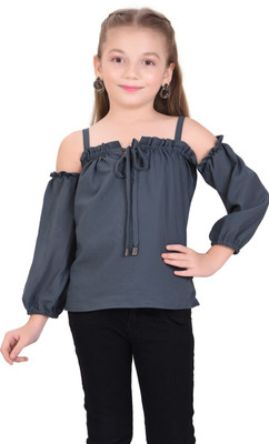 SHREE TJ Girls Party Georgette Strap Top(Dark Blue, Pack of 1)