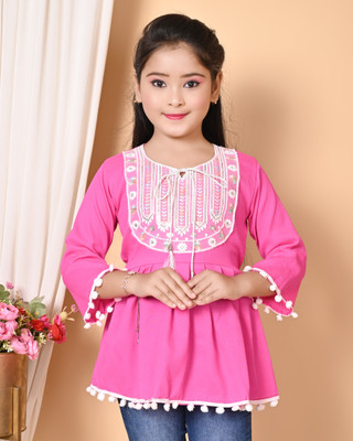 ARIYANGARMENTS Girls Party Cotton Blend A-line Top(Pink, Pack of 1)