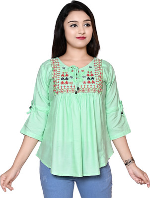 JDress Girls Casual Cotton Blend A-line Top(Light Green, Pack of 1)