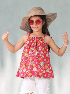 Kinder Kids Girls Casual Pure Cotton Top(Red, Pack of 1)
