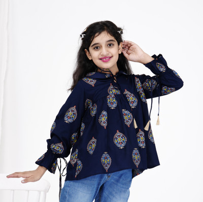 DMP EXPORT Girls Party Rayon Fashion Sleeve Top(Dark Blue, Pack of 1)