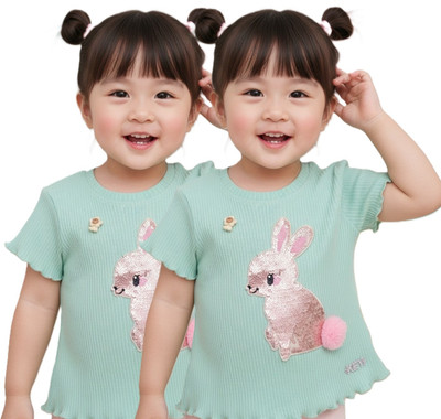 KETI MINI Girls Casual Pure Cotton Top(Green, Pack of 2)