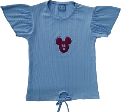Little Funniky Girls Cotton Lycra Blend Loop Knit Top(Light Blue, Pack of 1)