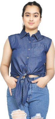 vyn Girls Casual Denim Shirt Style Top(Dark Blue, Pack of 1)