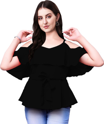 ORIEX Girls Casual Poly Crepe Layered Top(Black, Pack of 1)