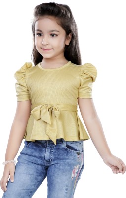 HUNNY BUNNY Girls Casual Polyester Peplum Top(Yellow, Pack of 1)
