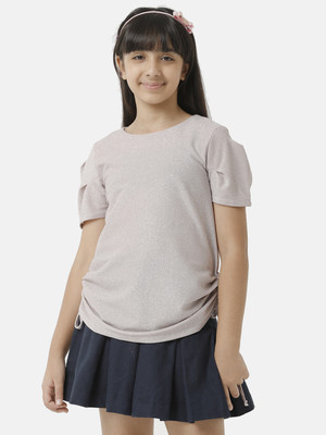 Under Fourteen Only Girls Party Polyester Top(Grey, Pack of 1)