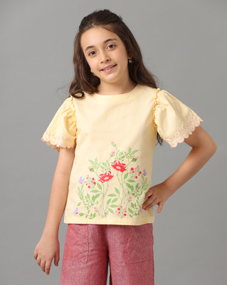 Under Fourteen Only Girls Casual Pure Cotton Top(Yellow, Pack of 1)
