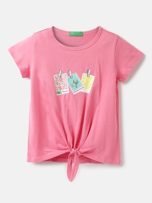 United Colors of Benetton Girls Printed Pure Cotton T Shirt(Pink, Pack of 1)