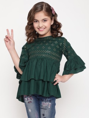 Niya Girls Casual Rayon Peplum Top(Dark Green, Pack of 1)