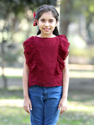 CUTIEKINS Girls Casual Polyester A-line Top(Maroon, Pack of 1)