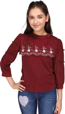 Cutecumber Girls Party Satin Blend Top(Maroon, Pack of 1)