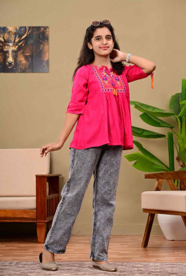 DMP FASHION Girls Party Rayon Fashion Sleeve Top(Pink, Pack of 1)