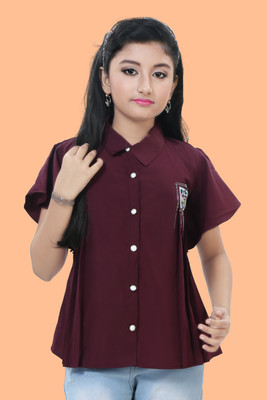 darjifashion Girls Casual Cotton Blend Shirt Style Top(Maroon, Pack of 1)