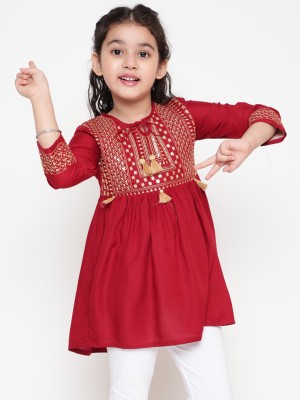 Miss & Chief Girls Party Rayon A-line Top(Maroon, Pack of 1)