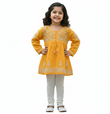 Anupam handicrafts Girls Casual Georgette Tunic Top(Yellow, Pack of 1)