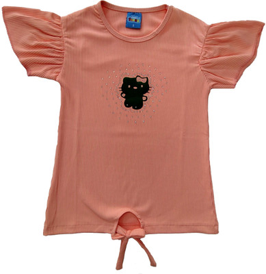 Little Funniky Girls Cotton Lycra Blend Loop Knit Top(Light Blue, Pack of 1)