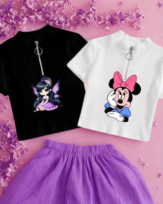 Mj Traders Girls Graphic Print Cotton Blend Regular T Shirt(Multicolor, Pack of 2)