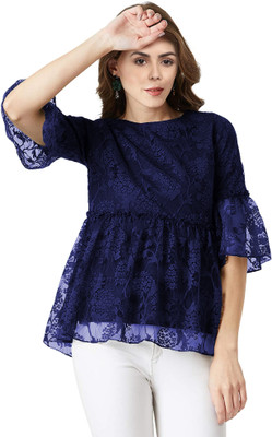 oriexfabb Girls Casual Net Top(Blue, Pack of 1)