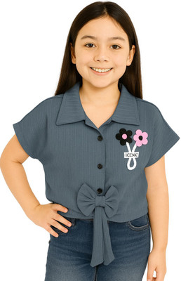 GRX Girls Casual Cotton Blend Shirt Style Top(Grey, Pack of 1)