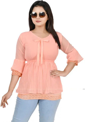 NAEEM ENTERPRISE Girls Party Georgette A-line Top(Orange, Pack of 1)