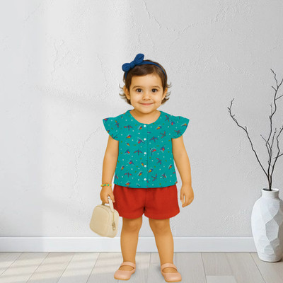 KIdbea Girls Casual Cotton Blend Shirt Style Top(Green, Pack of 1)