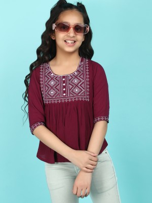 V-MART Girls Casual Rayon Top(Maroon, Pack of 1)