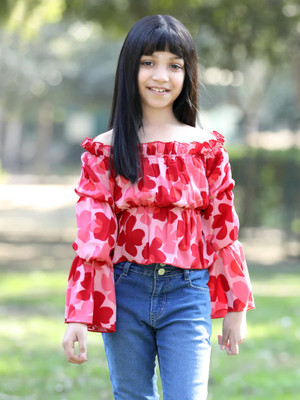 CUTIEKINS Girls Casual Polyester A-line Top(Red, Pack of 1)