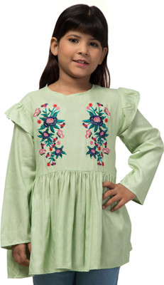Wahoo Girls Casual Rayon Overlap Top(Green, Pack of 1)