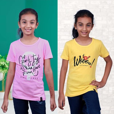 SHANARK Girls Printed Pure Cotton T Shirt(Multicolor, Pack of 2)