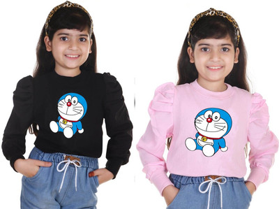 Big Hub Girls Casual Cotton Blend Fashion Sleeve Top(Black, Pink, Pack of 2)