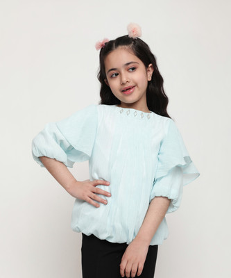 Niya Girls Casual Polyester Viscose Blend Top(Light Blue, Pack of 1)