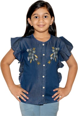 TRIKIBELLY Girls Casual Denim Blend Ruffled Top(Dark Blue, Pack of 1)