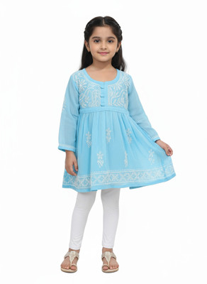 Anupam handicrafts Girls Casual Georgette Tunic Top(Light Blue, Pack of 1)