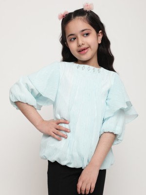 Niya Girls Casual Polyester Viscose Blend Top(Light Blue, Pack of 1)