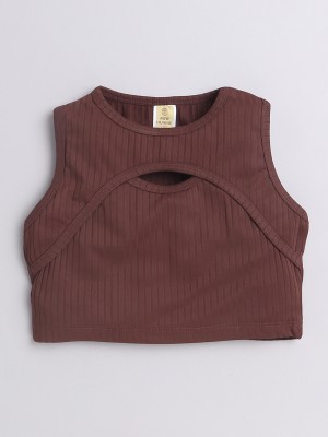 Aww Hunnie Girls Casual Cotton Blend Fashion Sleeve Top(Brown, Pack of 1)