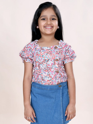KiddoPanti Girls Casual Rayon Top(White, Orange, Pack of 1)