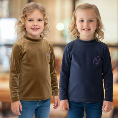 salvia Girls Casual Velvet Full Sleeve Top(Brown, Dark Blue, Pack of 2)
