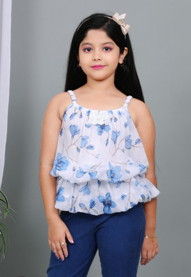 classycreation Girls Party Chiffon Layered Top(Blue, White, Pack of 1)