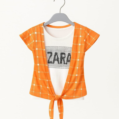 Pink Paradise Girls Casual Cotton Blend Layered Top(Orange, Pack of 1)