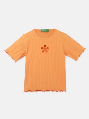 United Colors of Benetton Girls Casual Pure Cotton Top(Orange, Pack of 1)