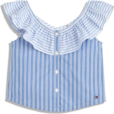 TOMMY HILFIGER Girls Casual Pure Cotton Off Shouldered Top(Blue, Pack of 1)