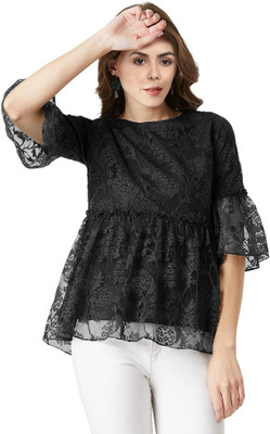 FASHIOFFLY Casual Self Design Women Black Top