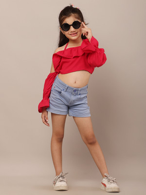 tiny shadows Girls Polyester Off Shouldered Top(Red, Pack of 1)
