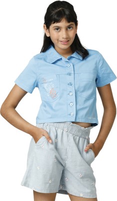 Under Fourteen Only Girls Casual Cotton Blend Shirt Style Top(Blue, Pack of 1)